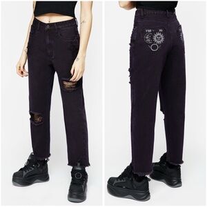 Planchette Embroidered Distressed Denim Mom Jeans Sz 34” – Alt, Gothic Core